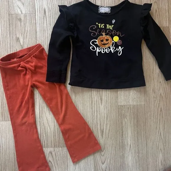 Girls 5T Halloween Outfit Orange Black Flare Pants Cozy Pumpkin Shirt - Picture 1 of 9